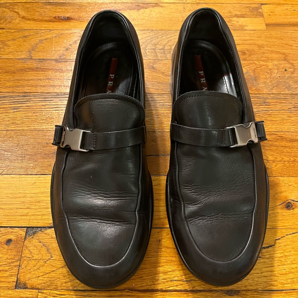 Prada Linea Rossa ‘Sport’ Black Loafers with Metal Buckle